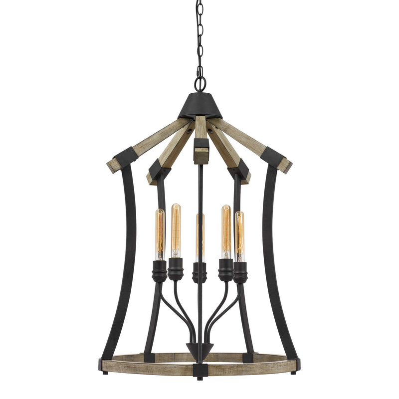5 Bulb Pendant Fixture With Wooden And Metal Frame Brown And Black-zoom-