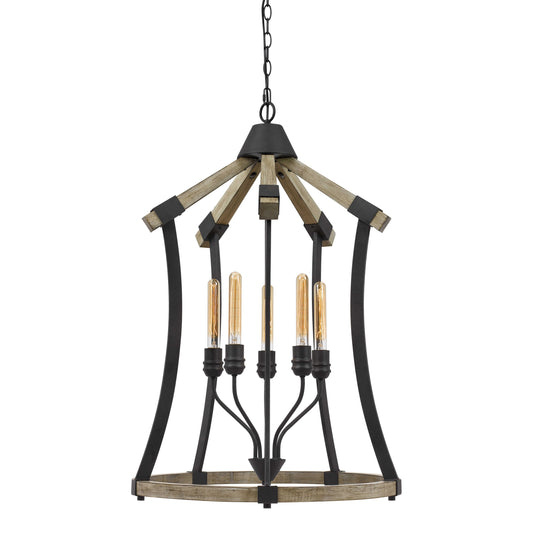 5 Bulb Pendant Fixture With Wooden And Metal Frame Brown And Black
