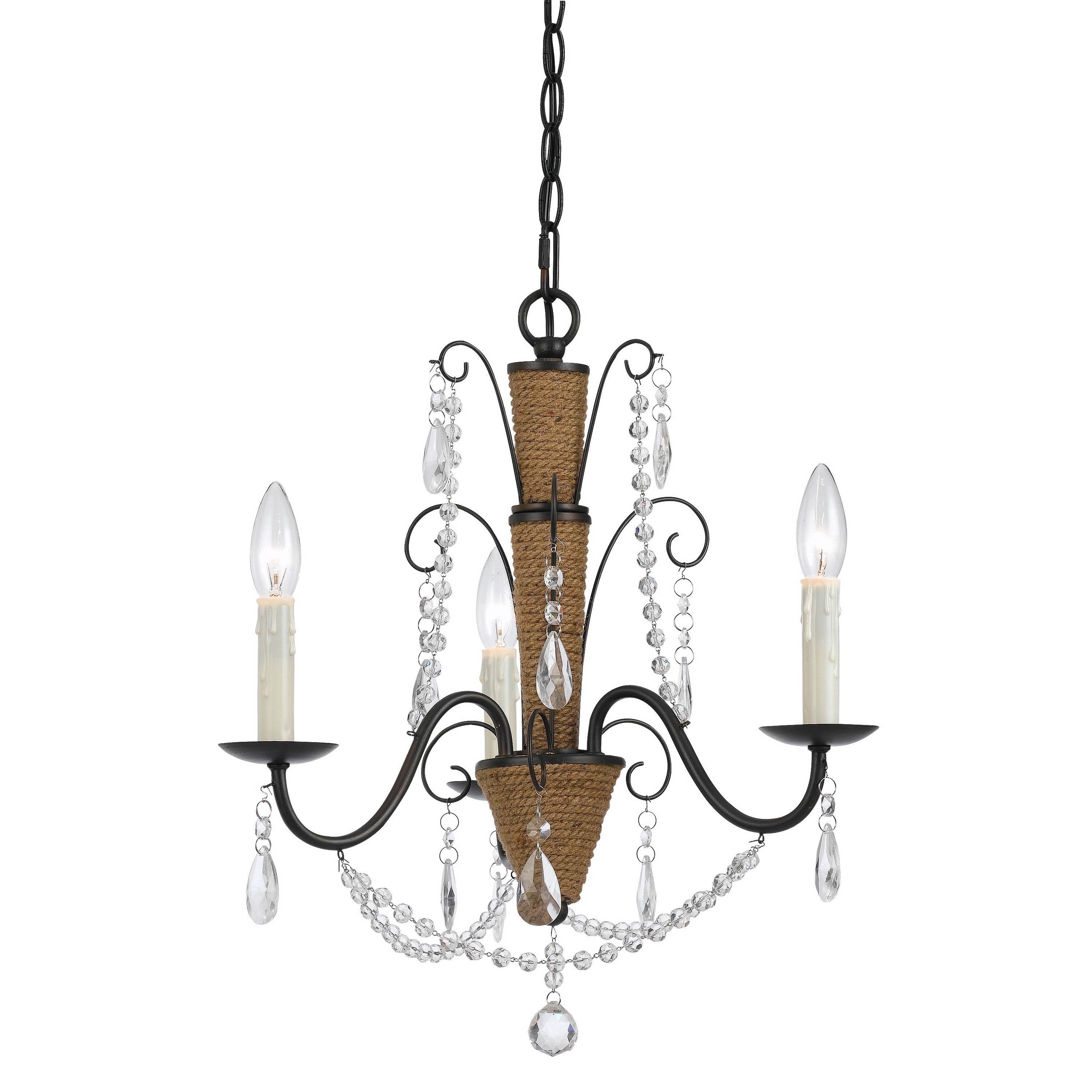 Scroll Metal Frame Chandelier With Hanging Crystals And Wrapped Rope bronze