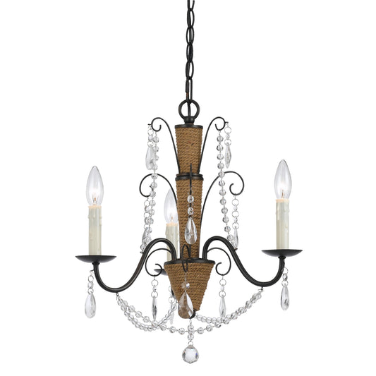 Scroll Metal Frame Chandelier With Hanging Crystals And Wrapped Rope bronze
