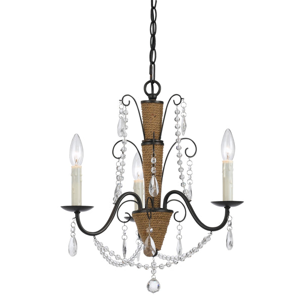 Scroll Metal Frame Chandelier With Hanging Crystals And Wrapped Rope bronze
