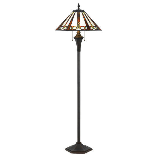 Flared Glass Shade Floor Lamp With Pattern And Stalk Support Multicolor