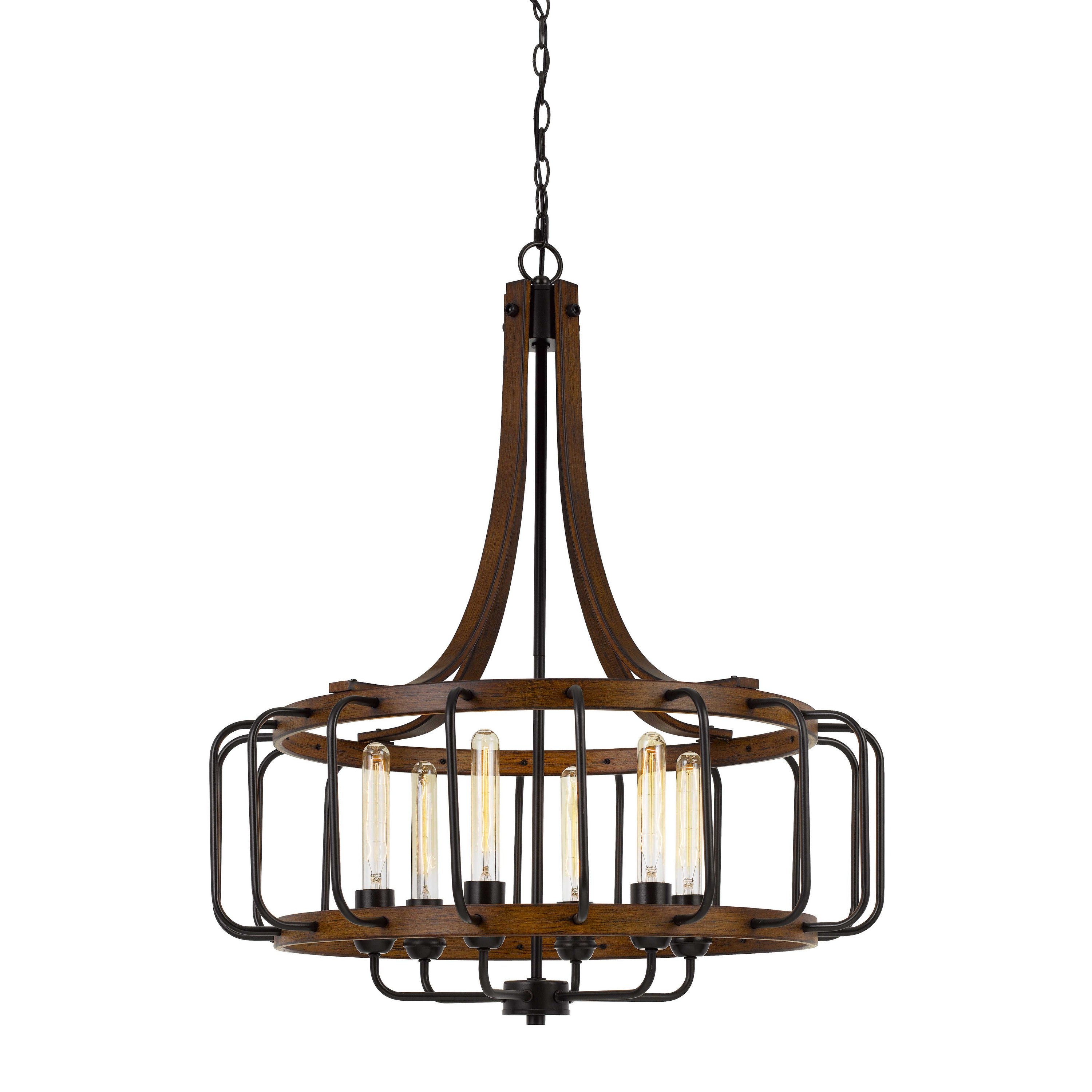 6 Bulb Round Chandelier With Wooden Frame And Metal Bars Brown And Black-zoom-1
