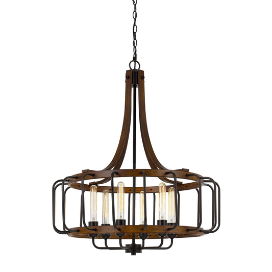 6 Bulb Round Chandelier With Wooden Frame And Metal Bars Brown And Black