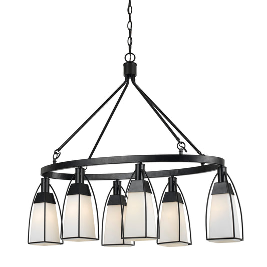 6 Bulb Oval Metal Frame Chandelier With Glass Shades Black And White
