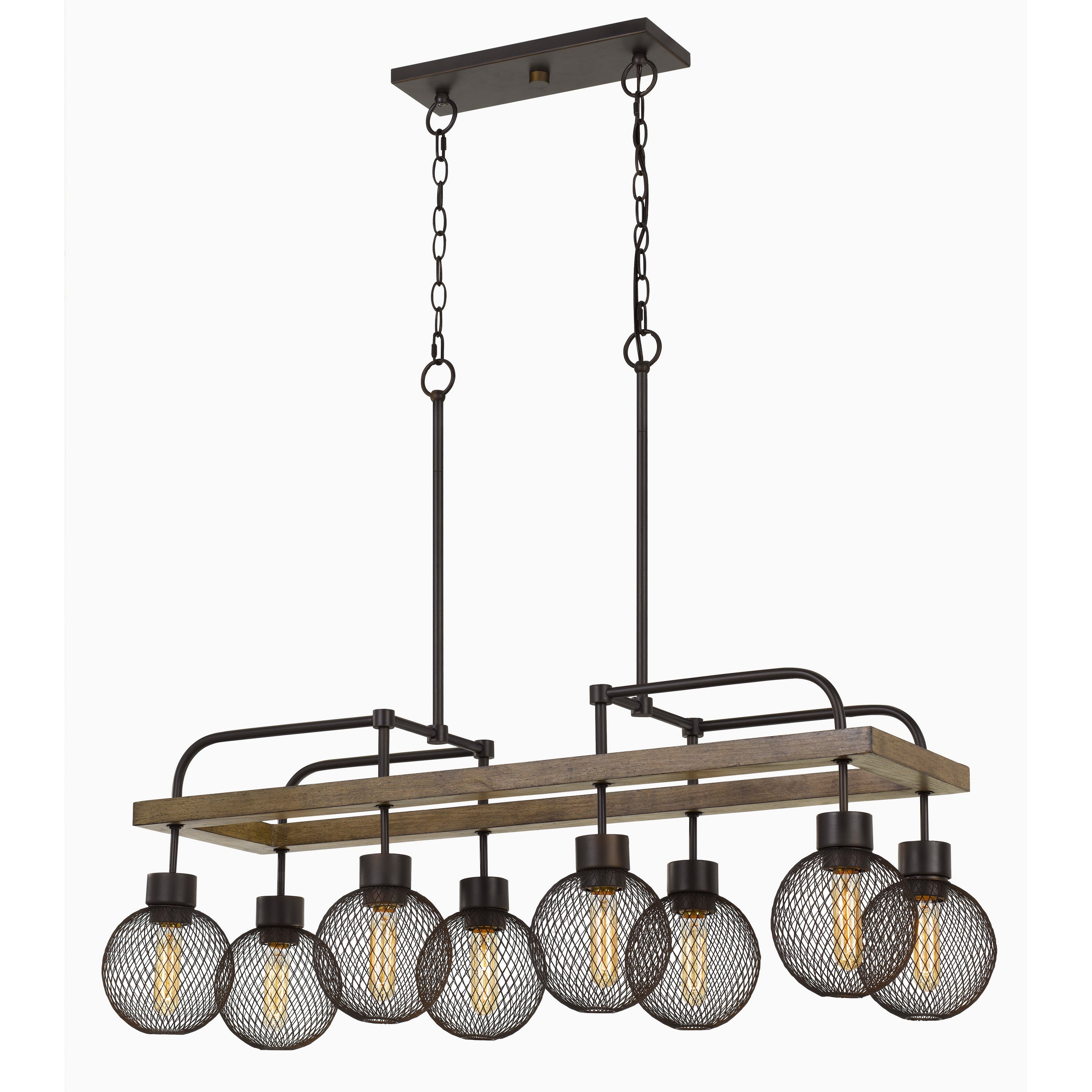 8 Bulb Chandelier With Wooden Frame And Metal Orb Shades Brown And Black