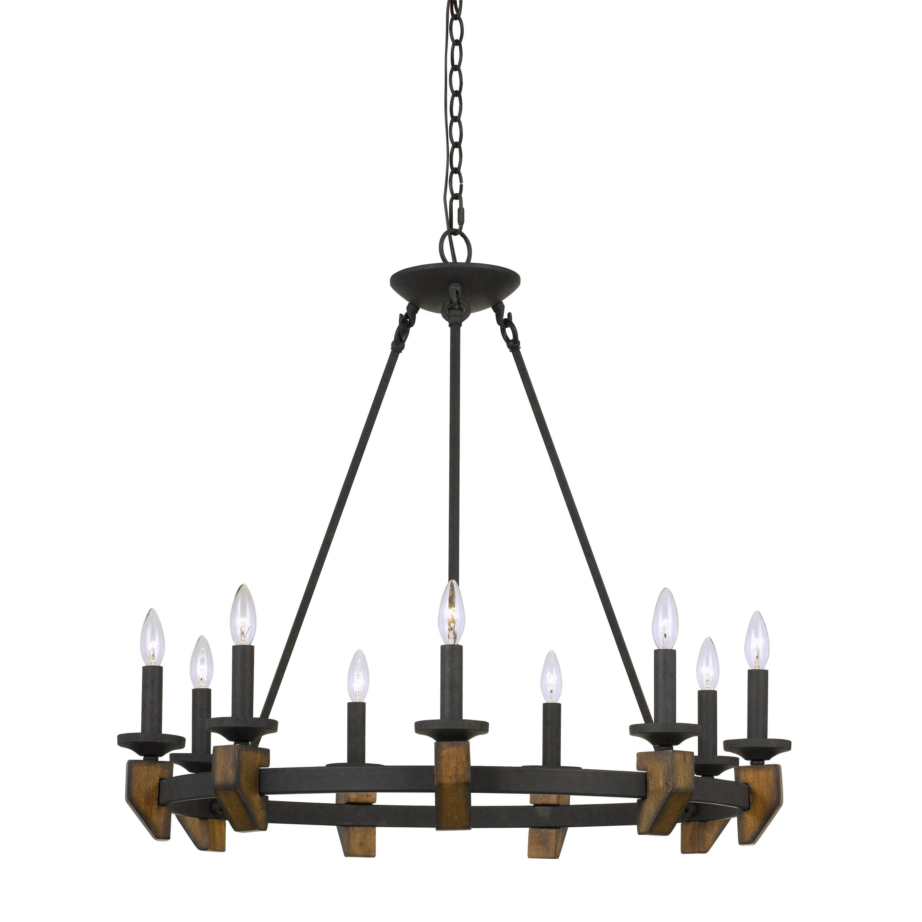 9 Bulb Round Metal Chandelier With Candle Lights And Wooden Accents Black-zoom-1