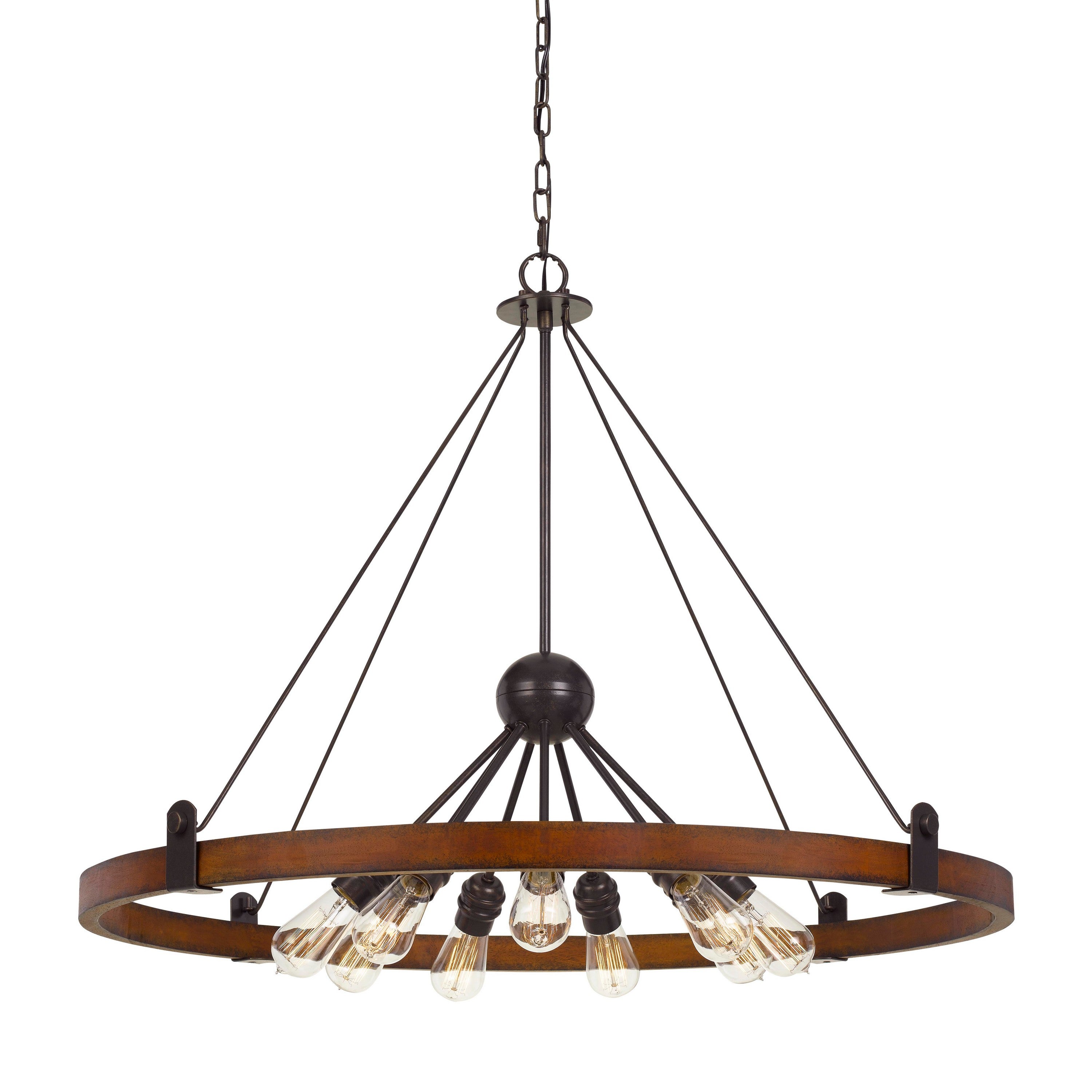 9 Bulb Chandelier With Round Wooden Frame And Metal Cantilevers Brown