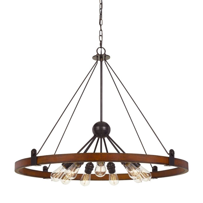 9 Bulb Chandelier With Round Wooden Frame And Metal Cantilevers Brown-zoom-
