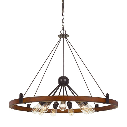 9 Bulb Chandelier With Round Wooden Frame And Metal Cantilevers Brown