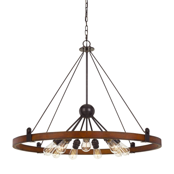 9 Bulb Chandelier With Round Wooden Frame And Metal Cantilevers Brown