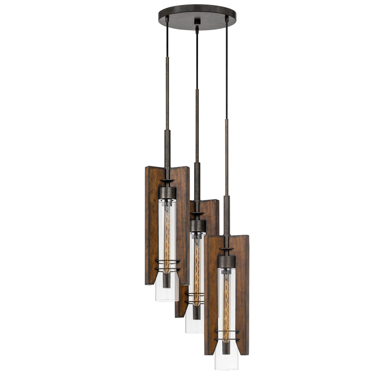 3 Bulb Wind Chime Design Chandelier With Wooden Shades Brown And Black-zoom-