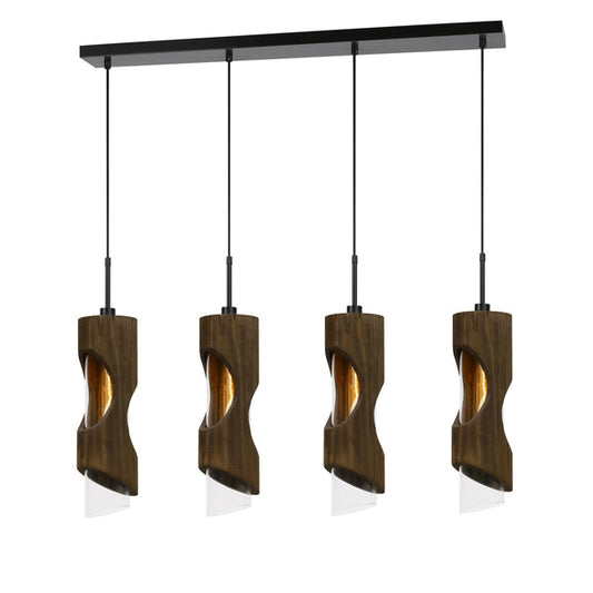 4 Light Metal Frame Pendant Fixture With Wooden And Glass Shades Brown
