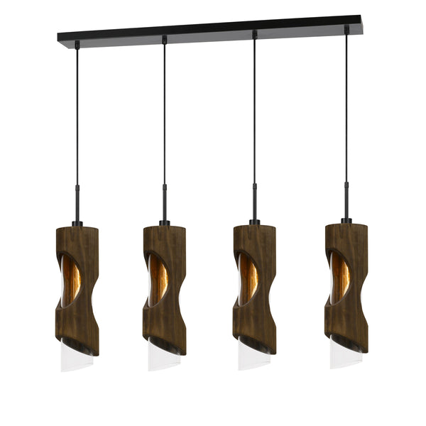 4 Light Metal Frame Pendant Fixture With Wooden And Glass Shades Brown