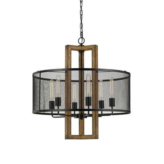 60 X 6 Wooden Chandelier With Round Metal Mesh Shade Black And Brown