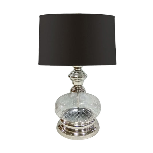 Pot Bellied Shape Glass Table Lamp with Metal Tier Base Clear and Black