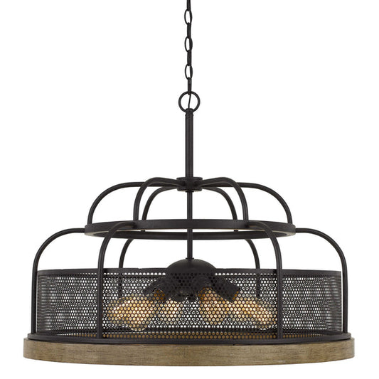 6 Bulb Chandelier With Wooden And Perforated Metal Frame Black And Brown