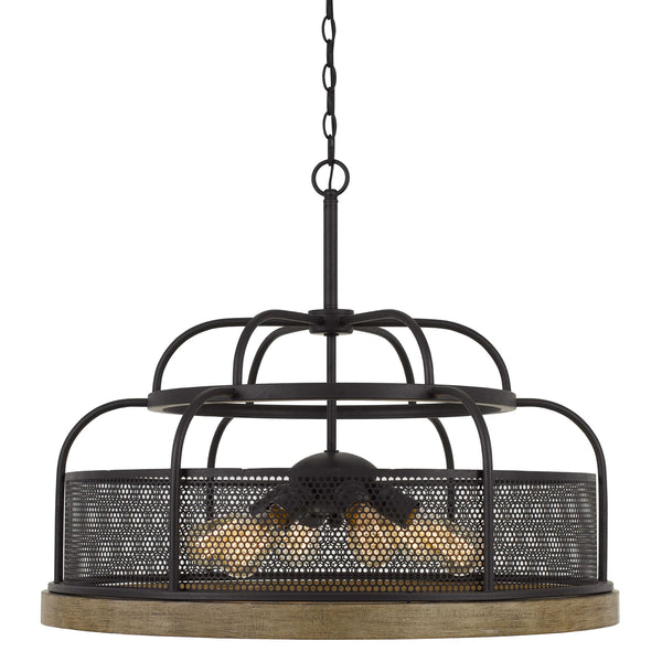 6 Bulb Chandelier With Wooden And Perforated Metal Frame Black And Brown