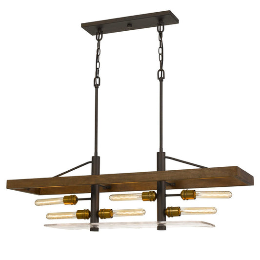6 Bulb Rectangular Wooden Frame Chandelier With Hand Crafted Glass Brown