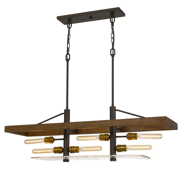 6 Bulb Rectangular Wooden Frame Chandelier With Hand Crafted Glass Brown