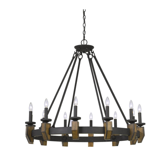 12 Bulb Round Metal Chandelier With Candle Lights And Wooden Accents Black