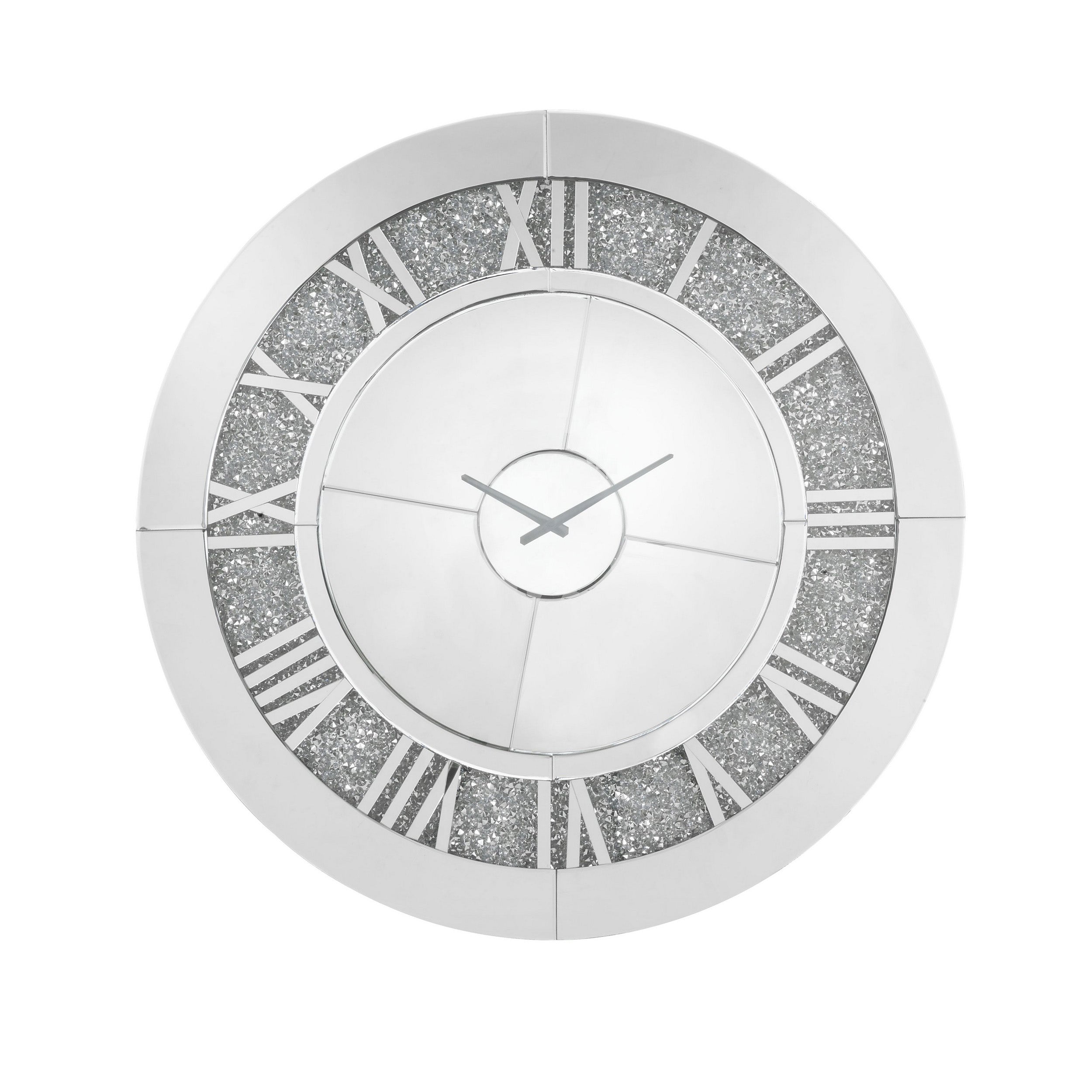 Round Beveled Mirror Frame Wall Clock With Faux Diamond Inlay Silver