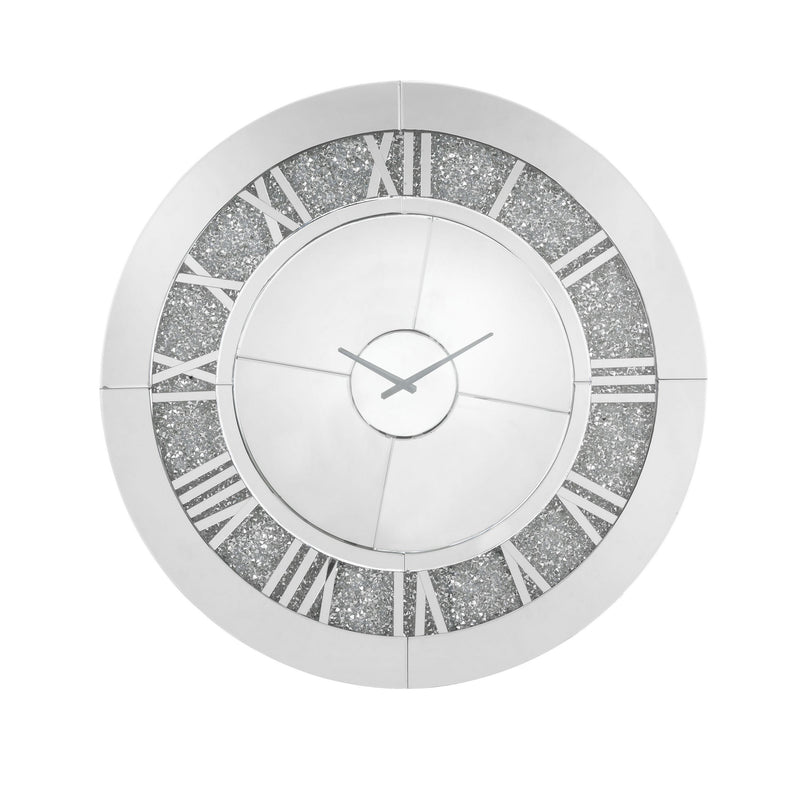 Round Beveled Mirror Frame Wall Clock With Faux Diamond Inlay Silver-zoom-