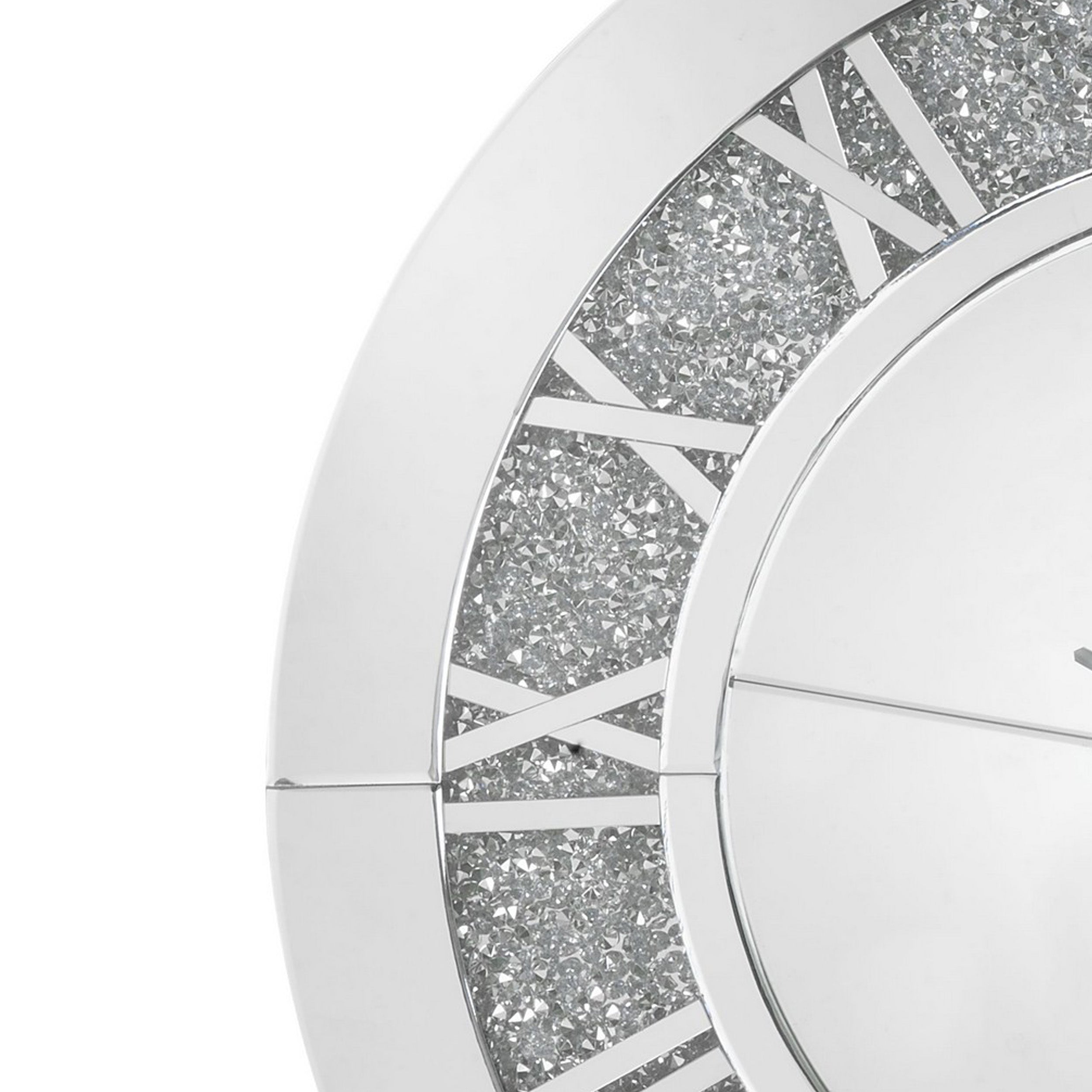 Round Beveled Mirror Frame Wall Clock With Faux Diamond Inlay Silver-zoom-3