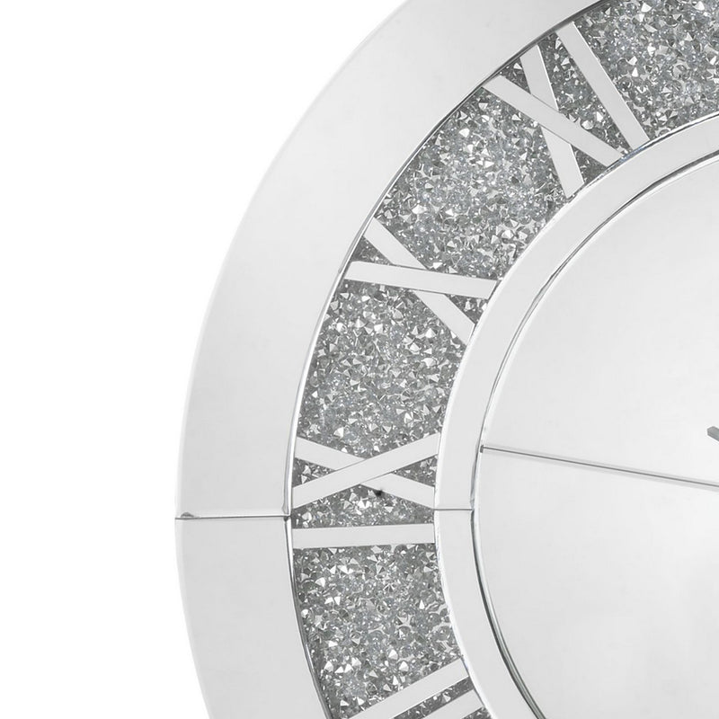 Round Beveled Mirror Frame Wall Clock With Faux Diamond Inlay Silver-zoom-