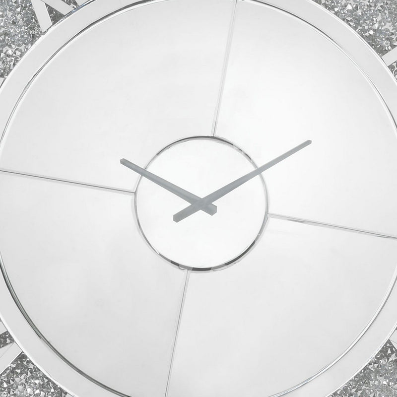 Round Beveled Mirror Frame Wall Clock With Faux Diamond Inlay Silver-zoom-