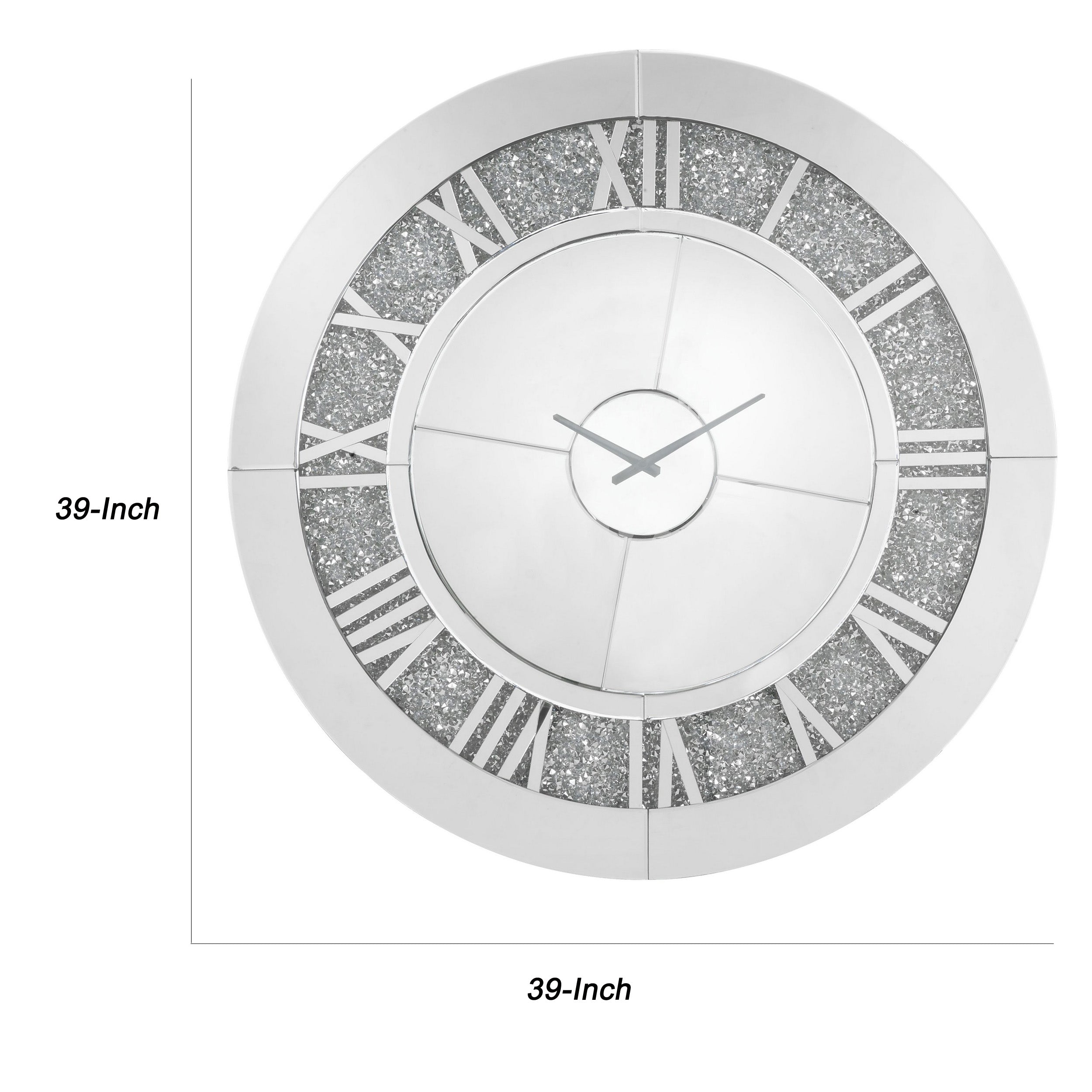 Round Beveled Mirror Frame Wall Clock With Faux Diamond Inlay Silver-zoom-5