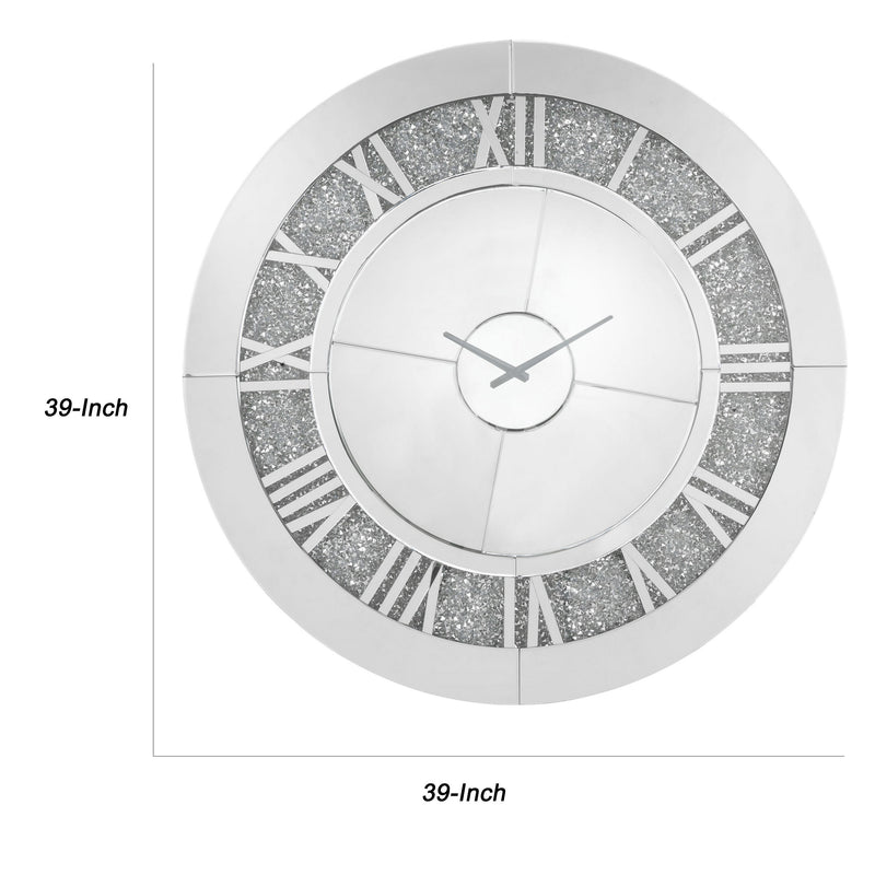 Round Beveled Mirror Frame Wall Clock With Faux Diamond Inlay Silver-zoom-