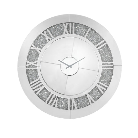 Round Beveled Mirror Frame Wall Clock With Faux Diamond Inlay Silver