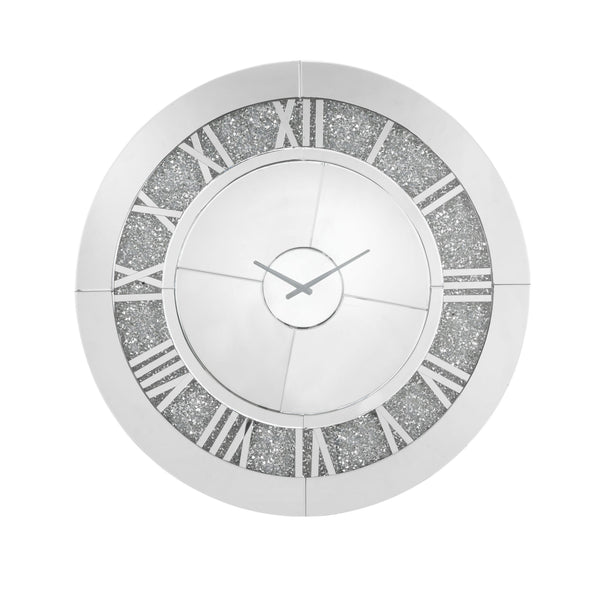 Round Beveled Mirror Frame Wall Clock With Faux Diamond Inlay Silver