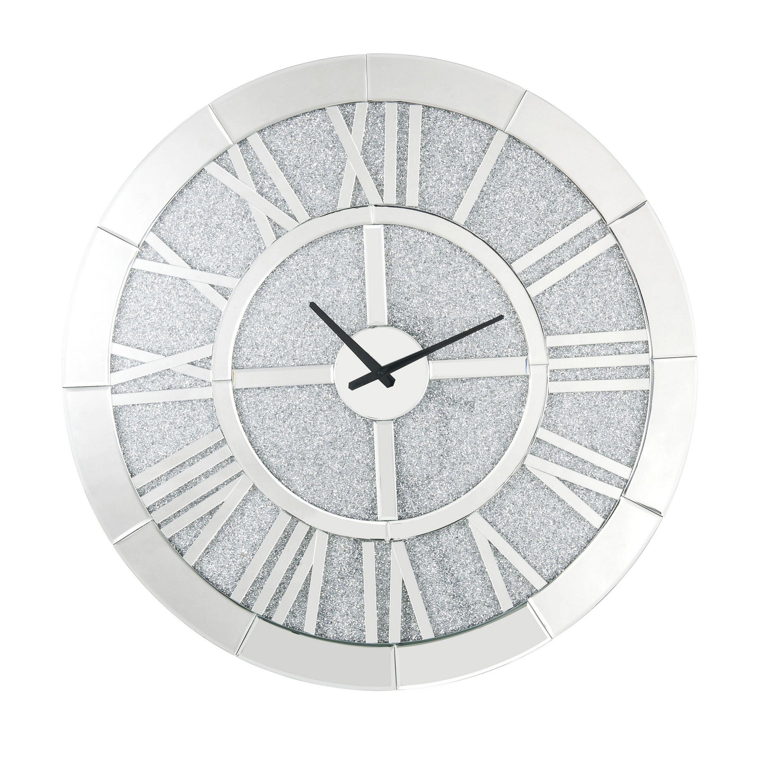 Mirror Panel Frame Wall Clock With Crushed Faux Diamond Inlay Silver-zoom-1