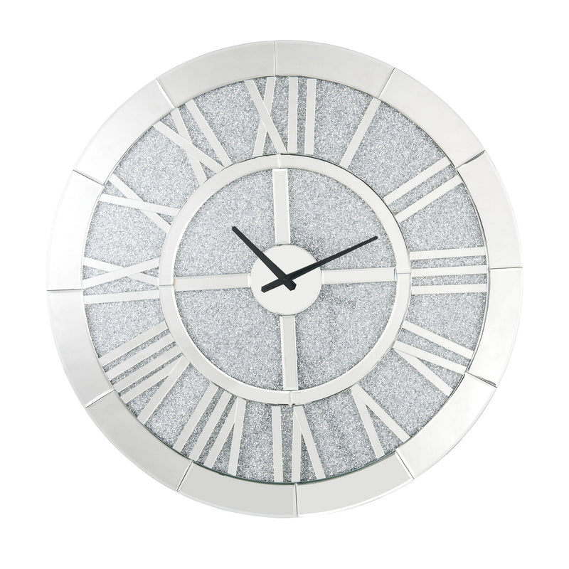 Mirror Panel Frame Wall Clock With Crushed Faux Diamond Inlay Silver-zoom-