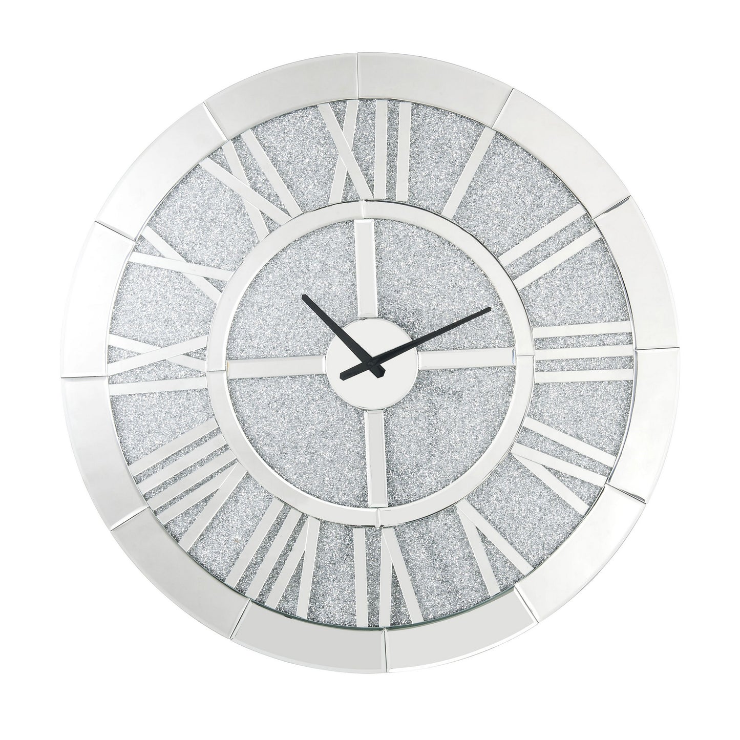 Mirror Panel Frame Wall Clock With Crushed Faux Diamond Inlay Silver