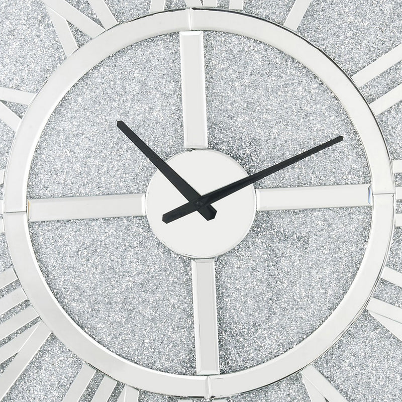 Mirror Panel Frame Wall Clock With Crushed Faux Diamond Inlay Silver-zoom-