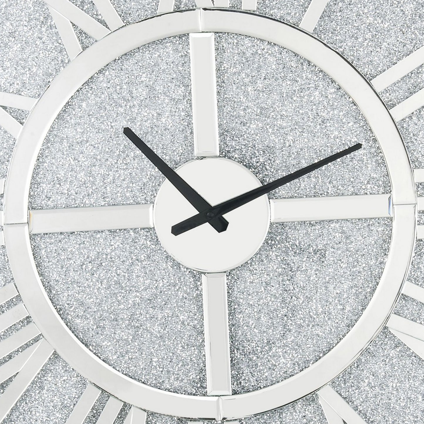 Mirror Panel Frame Wall Clock With Crushed Faux Diamond Inlay Silver