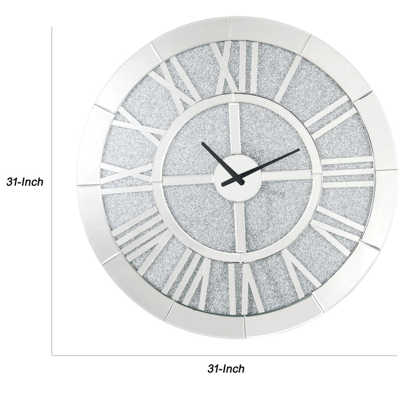 Mirror Panel Frame Wall Clock With Crushed Faux Diamond Inlay Silver-zoom-