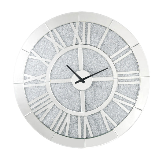 Mirror Panel Frame Wall Clock With Crushed Faux Diamond Inlay Silver