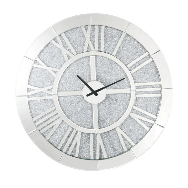 Mirror Panel Frame Wall Clock With Crushed Faux Diamond Inlay Silver
