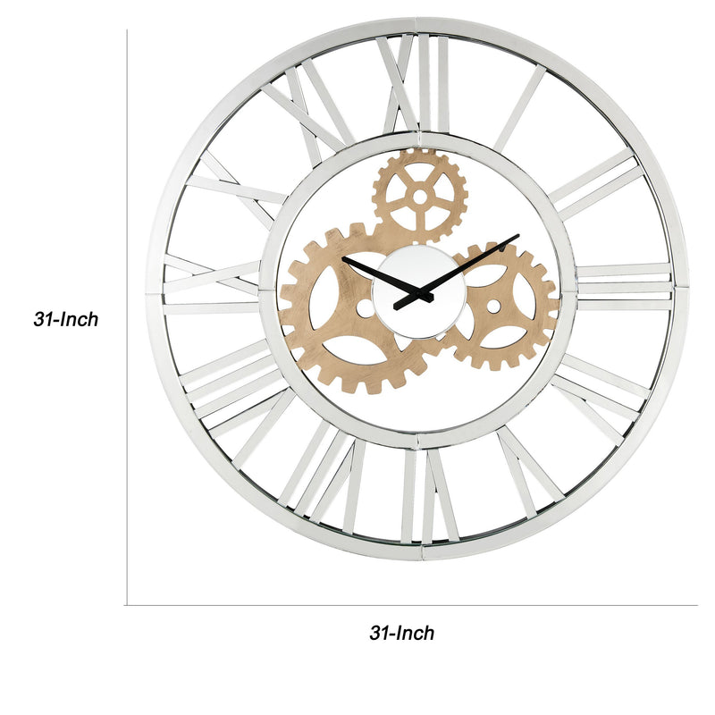 Round Mirror Panel Open Frame Wall Clock With Gear Design Silver-zoom-