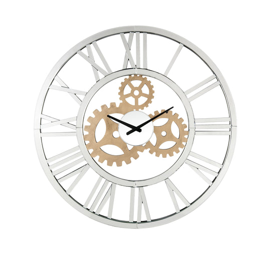 Round Mirror Panel Open Frame Wall Clock With Gear Design Silver