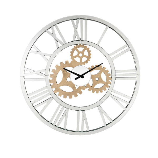 Round Mirror Panel Open Frame Wall Clock With Gear Design Silver