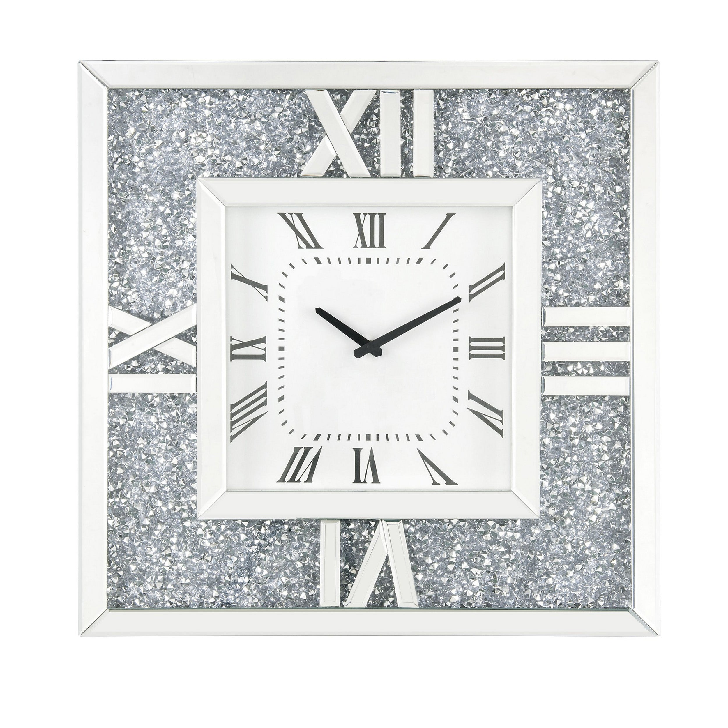 Square Mirror Panel Frame Wall Clock With Faux Diamond Silver