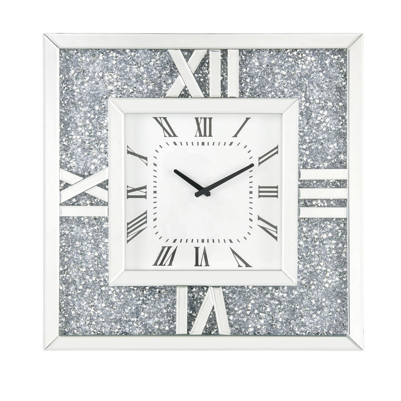 Square Mirror Panel Frame Wall Clock With Faux Diamond Silver-zoom-