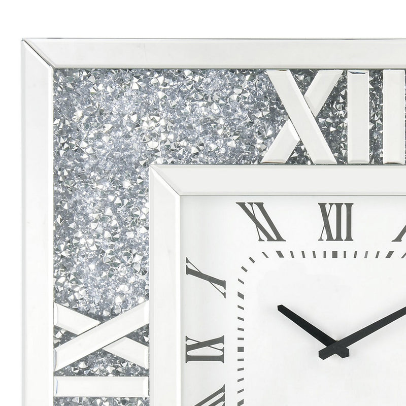Square Mirror Panel Frame Wall Clock With Faux Diamond Silver-zoom-