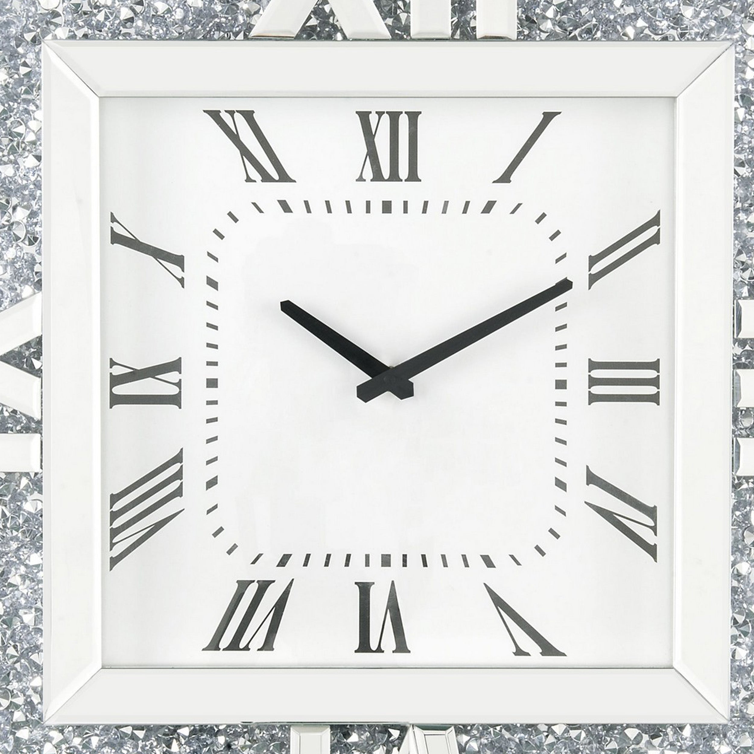 Square Mirror Panel Frame Wall Clock With Faux Diamond Silver-zoom-4