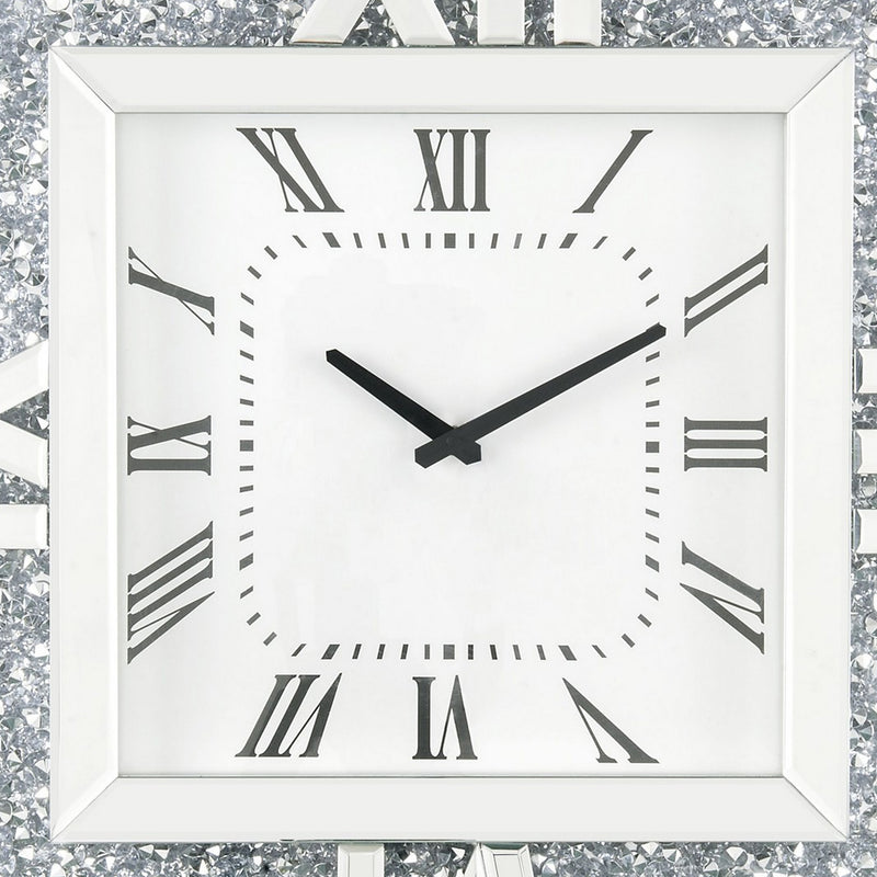Square Mirror Panel Frame Wall Clock With Faux Diamond Silver-zoom-